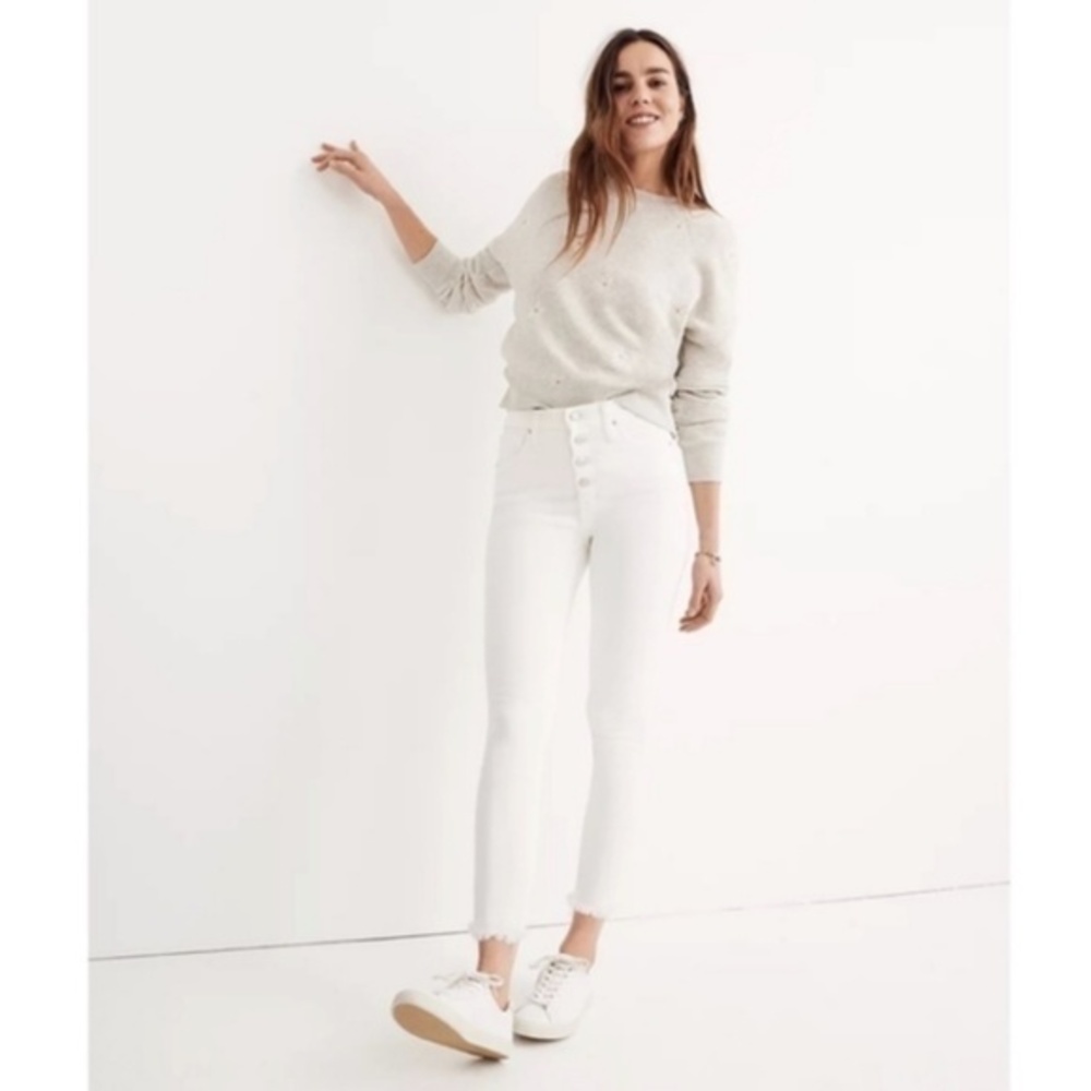 Madewell 9" Mid-Rise Skinny Jeans in Pure White Raw Hem Cotton Blend Size 26